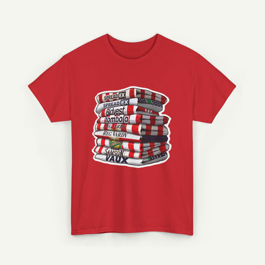A red t-shirt with a graphic design depicting a stack of books with various text labels on the spines.