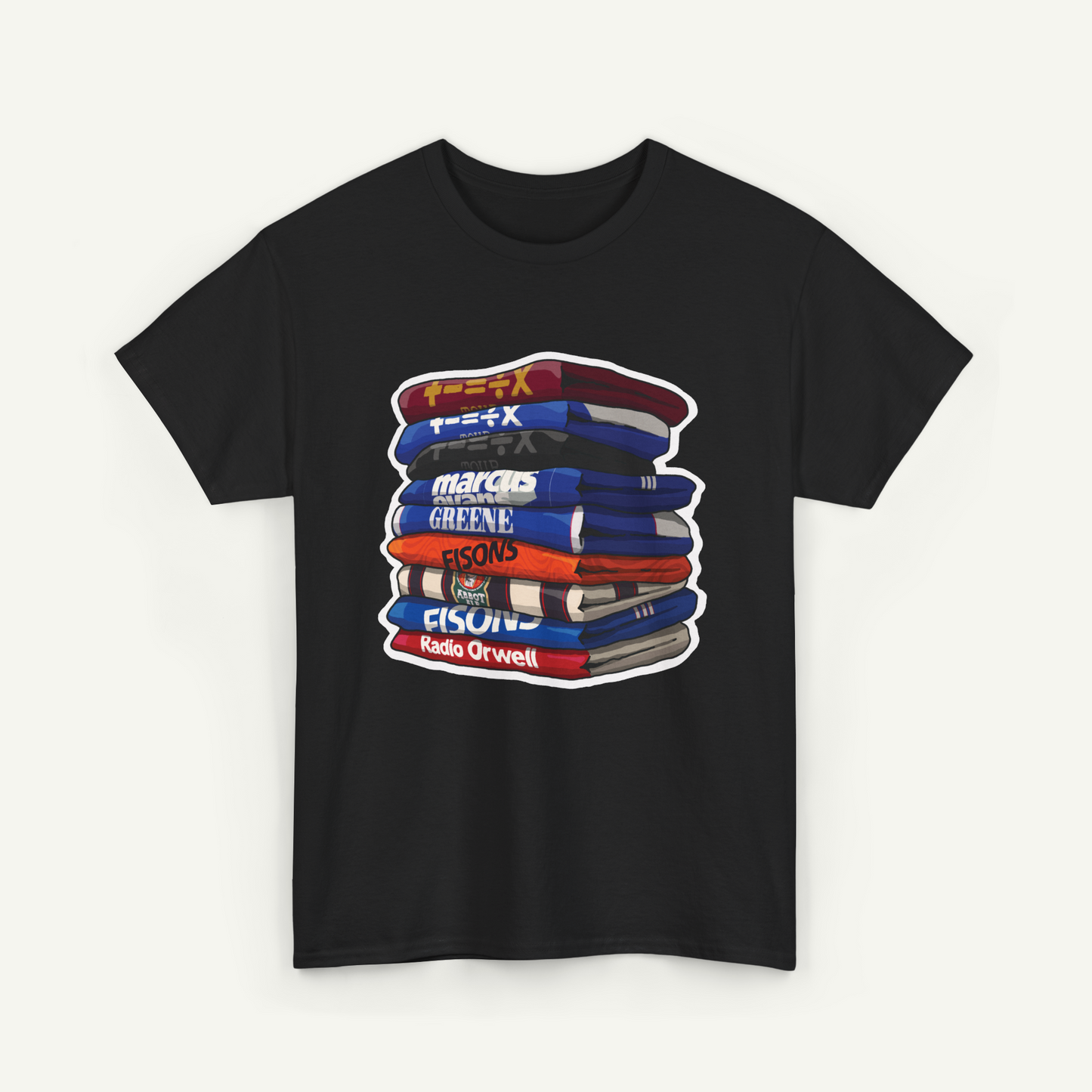 A black t-shirt with a graphic design depicting a stack of colorful books.