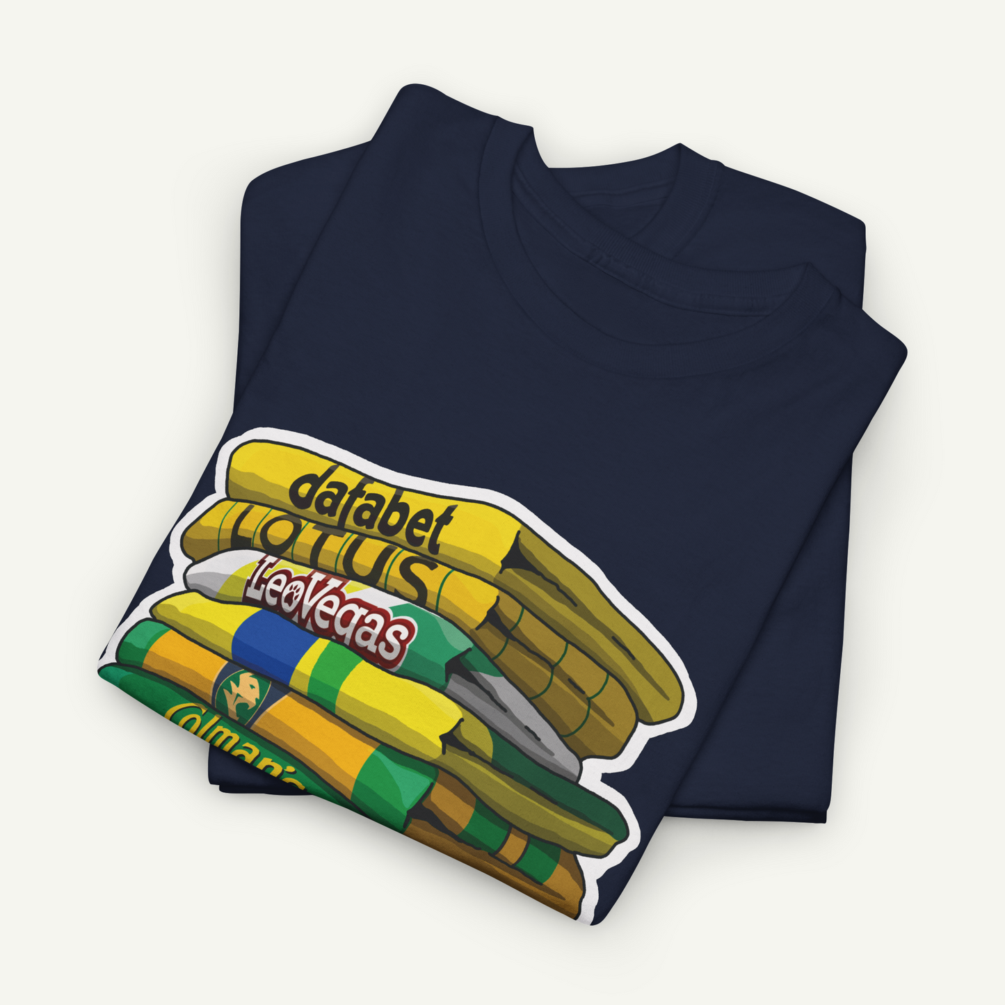 A dark blue t-shirt with a colorful graphic design depicting a stack of books or magazines with the text "DATA BET LOTUS" and "LES VEGAS" printed on them.
