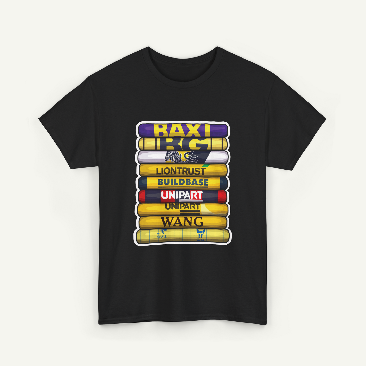 A black t-shirt with a graphic design featuring a stack of colorful books or tubes, each with a different word written on it.