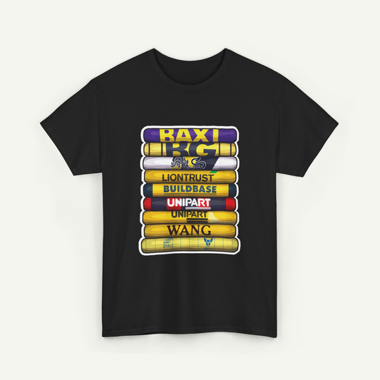 A black t-shirt with a graphic design featuring a stack of colorful books or tubes, each with a different word written on it.