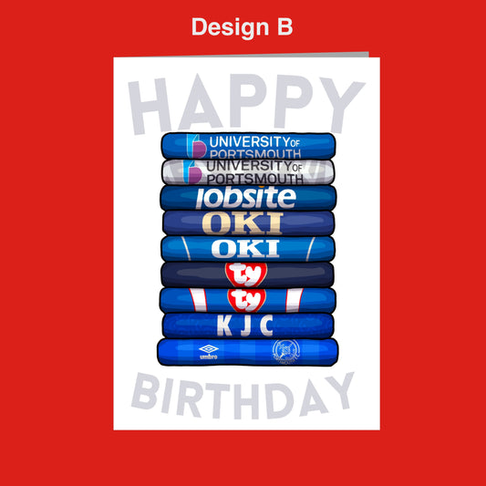 A birthday card with a stack of blue and white tubes, each displaying a different logo or name, such as "UNIVERSITY OF PORTSMOUTH", "JODSITE", "OKI", "JKC", and "UBERBO". The text "Happy Birthday" is written in the center of the image.