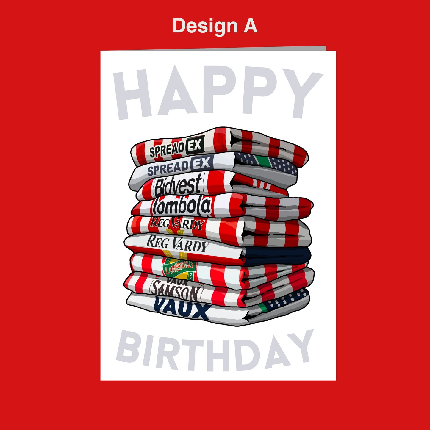 A stack of red and white striped towels with various text and logos printed on them, along with the text "Happy Birthday" displayed prominently.