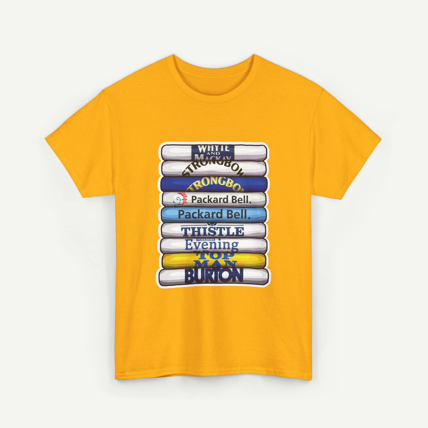 A yellow t-shirt with a graphic design featuring a stack of books with various titles and text on the spines.