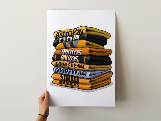 A hand is holding a poster with a stack of colorful towels, each with a different text or logo on it.