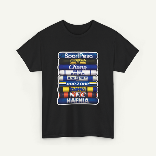 A black t-shirt with a graphic design featuring a stack of colorful tubes or bars, each displaying a different brand name.