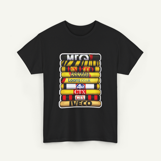 A black t-shirt with a graphic design featuring a stack of colorful tubes or bars, each with a different text label.