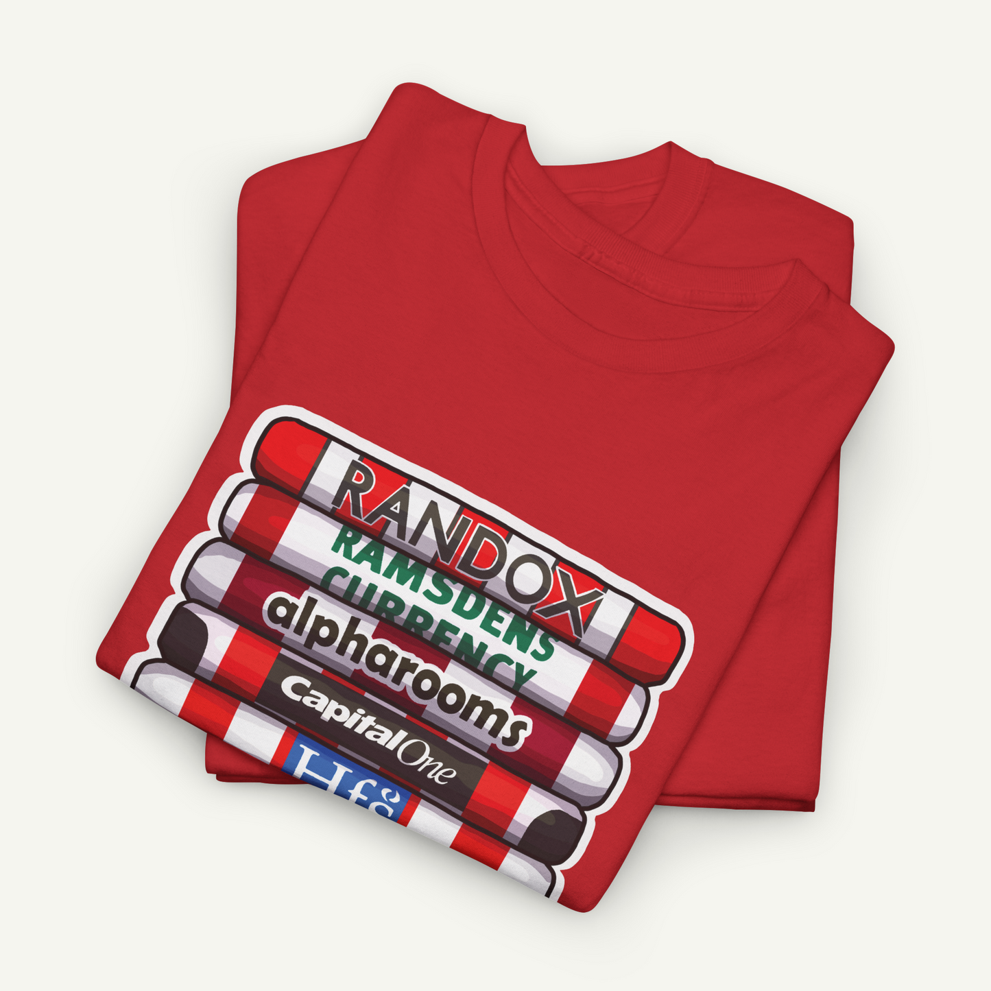 A red t-shirt with a graphic design featuring a stack of red and white striped tubes with text printed on them.