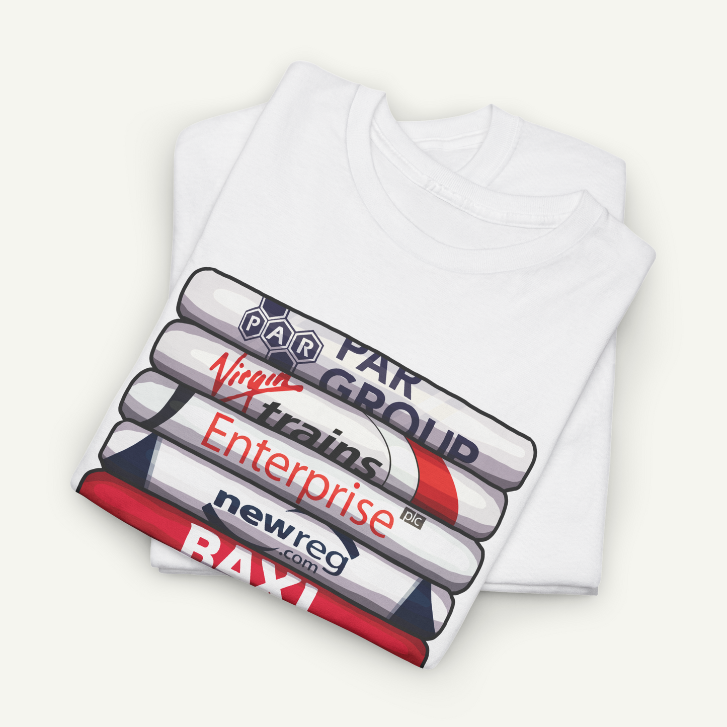 A white t-shirt with a graphic design featuring a stack of business-related logos and text.