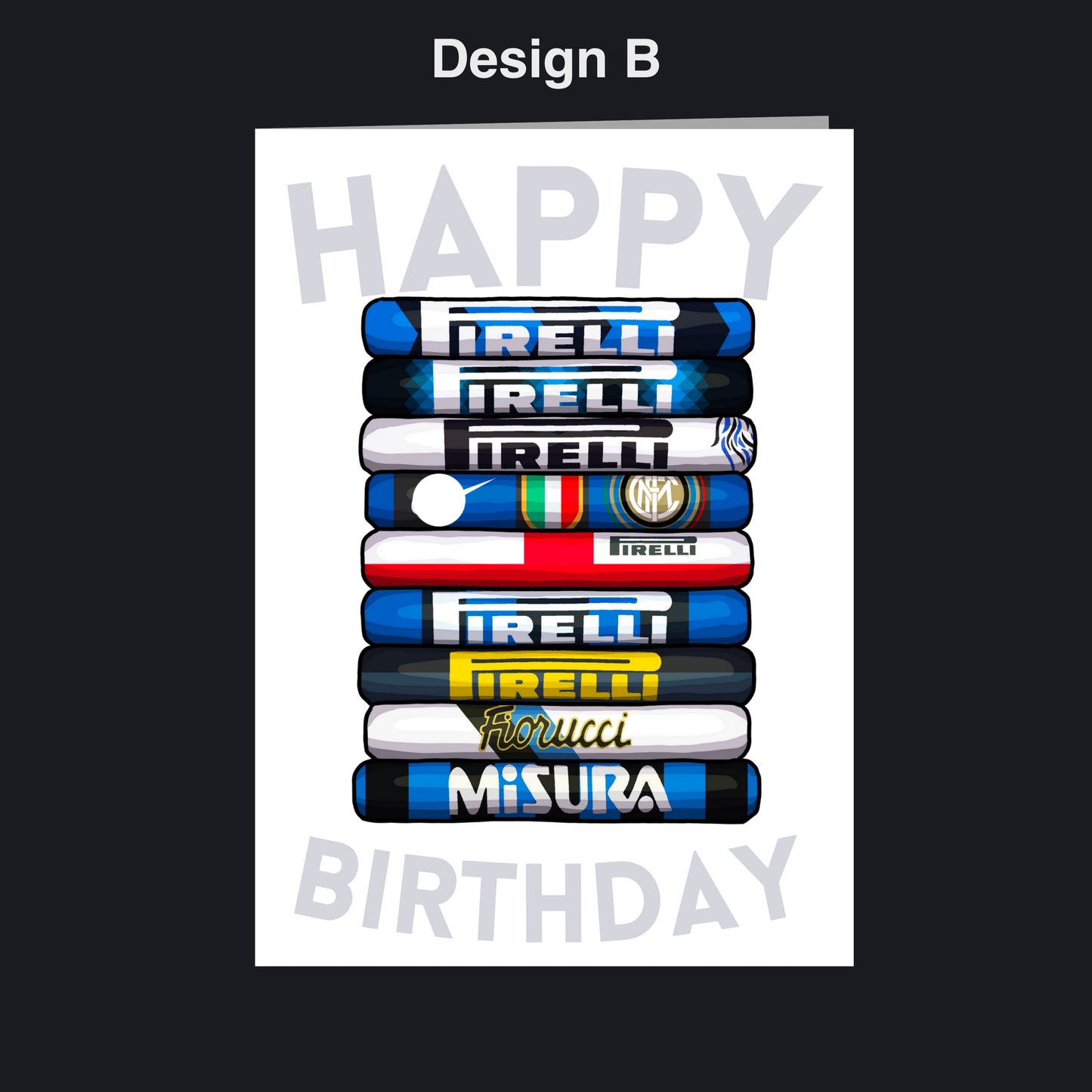 A birthday card with a stack of colorful tubes, each displaying a different brand logo, representing a diverse range of sponsors.
