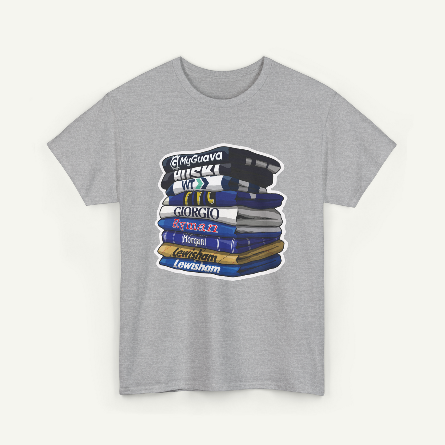A gray t-shirt with a graphic design depicting a stack of books with various colored covers.