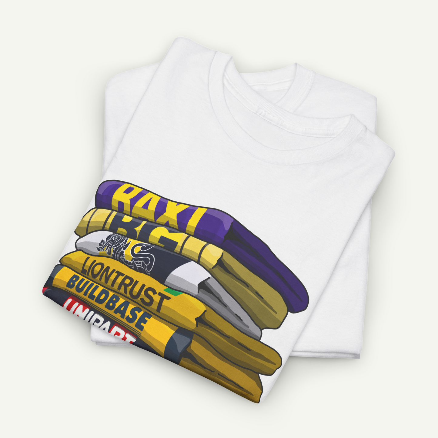 A white t-shirt with a graphic design depicting a stack of books or bookshelves, with the text "LONTRUST BUILDBASE" printed on the books.