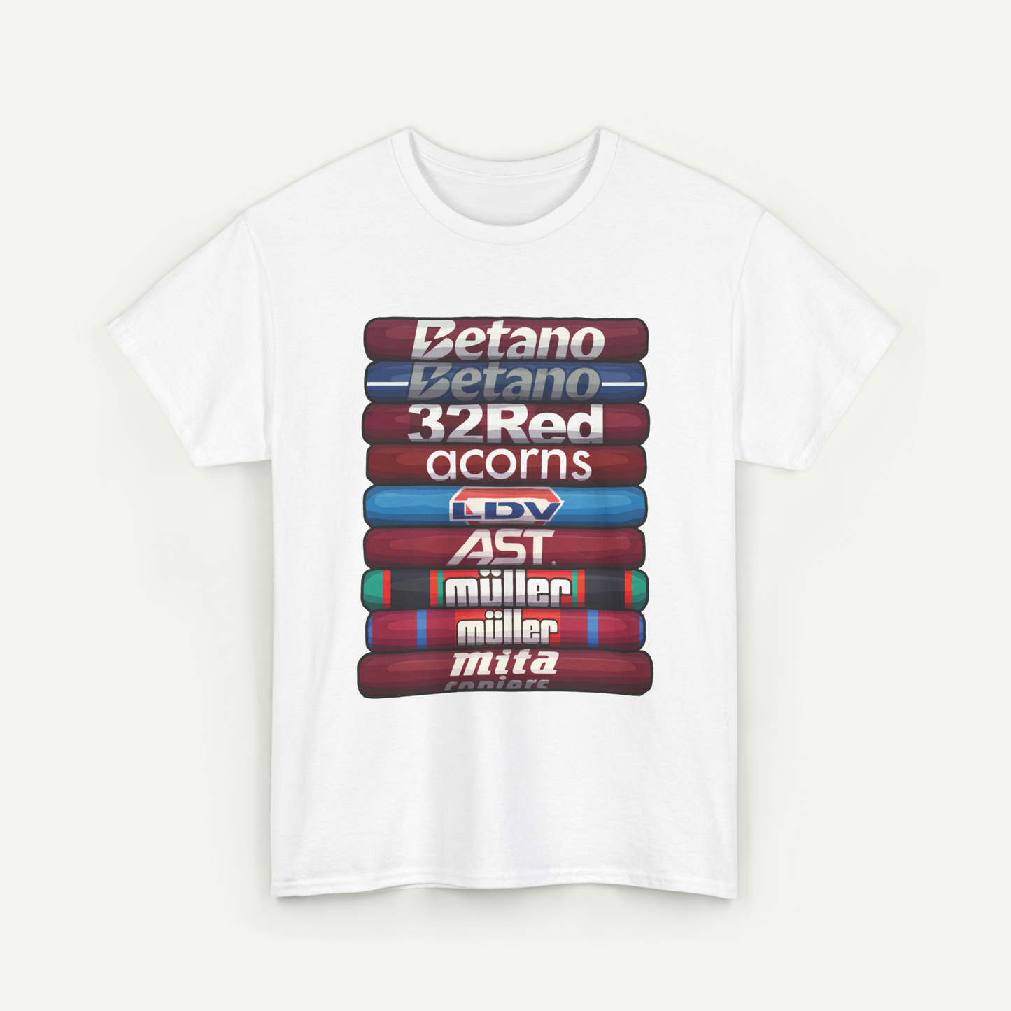 A white t-shirt with a graphic design featuring a stack of colorful tubes or tubes with text on them.