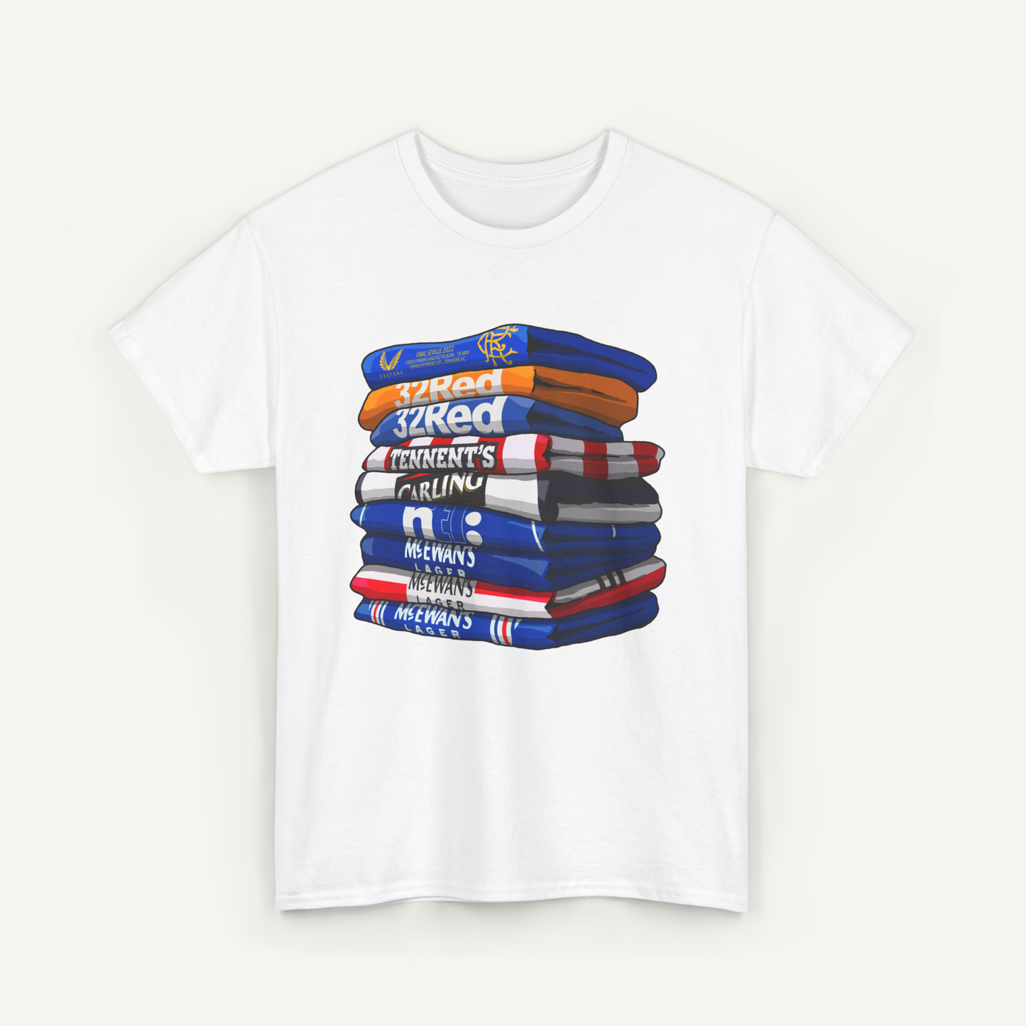 A white t-shirt with a graphic design depicting a stack of colorful towels or bath mats.