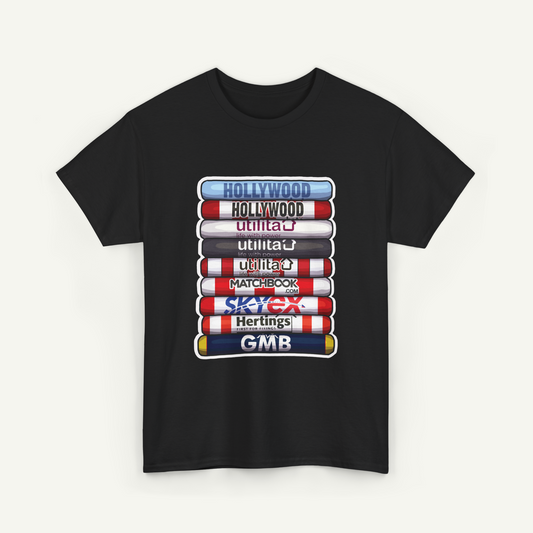 A black t-shirt with a graphic design depicting a stack of colorful tubes or tubes with text on them, representing various cities or brands.