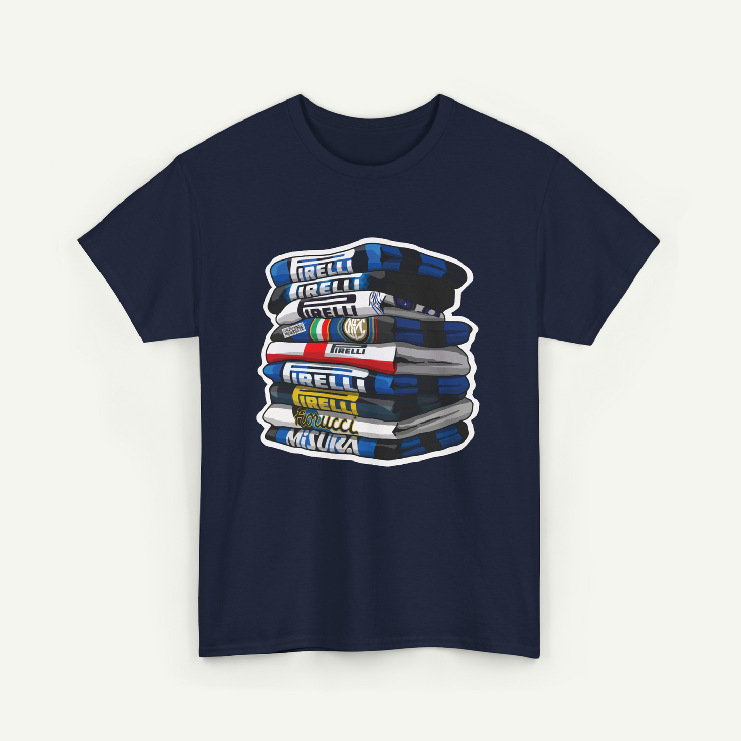 A navy blue t-shirt with a graphic design depicting a stack of various colored books or magazines.