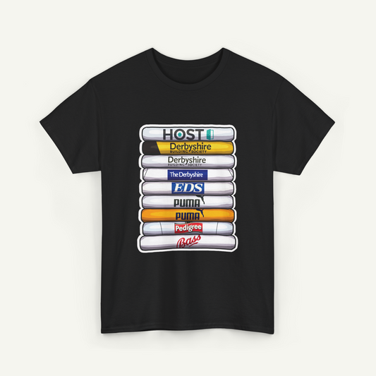 A black t-shirt with a graphic design featuring a stack of seven different colored bars, each representing a brand or company.