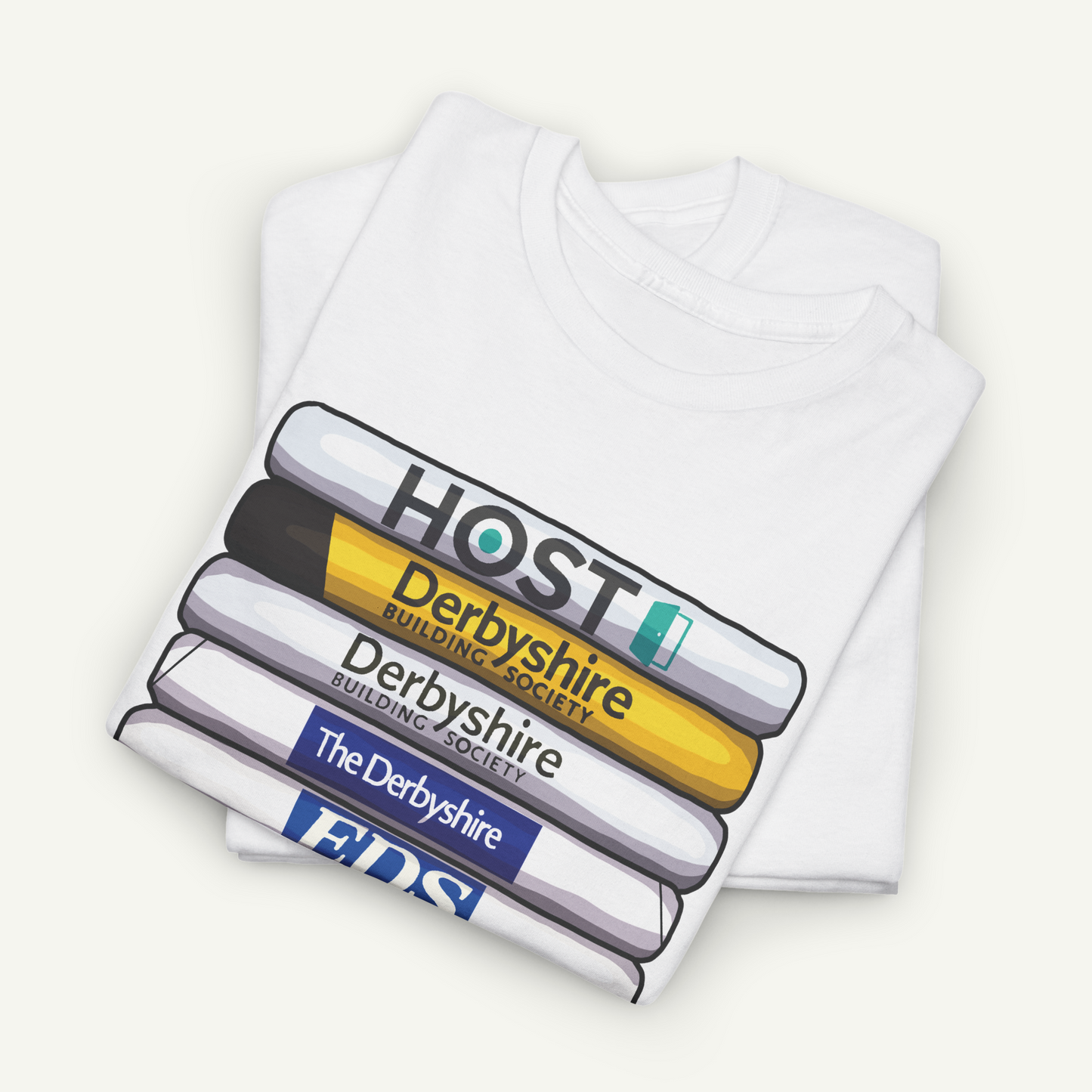 A white t-shirt with a graphic design featuring the logos of several organizations, including Host, Derbyshire Building Society, and EDS.