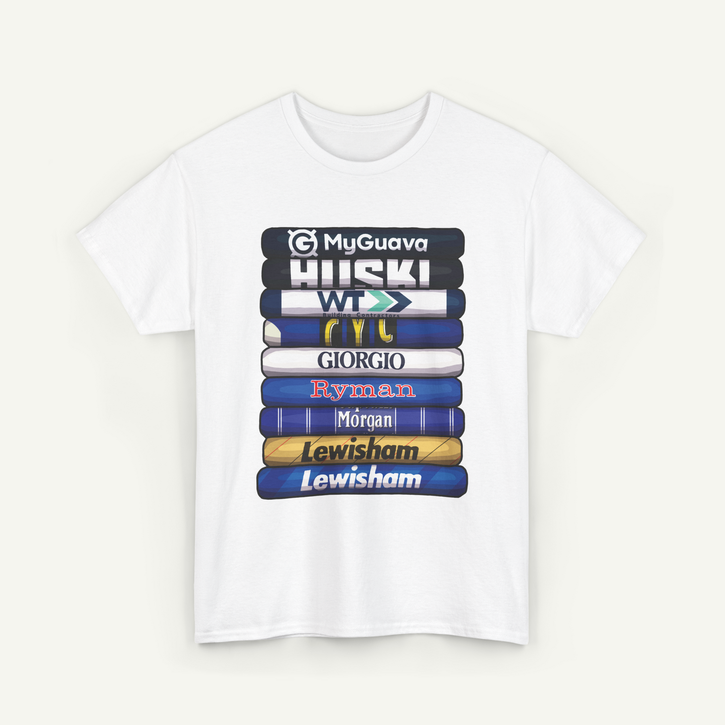 A white t-shirt with a graphic design featuring a stack of colorful bars representing various companies and brands.