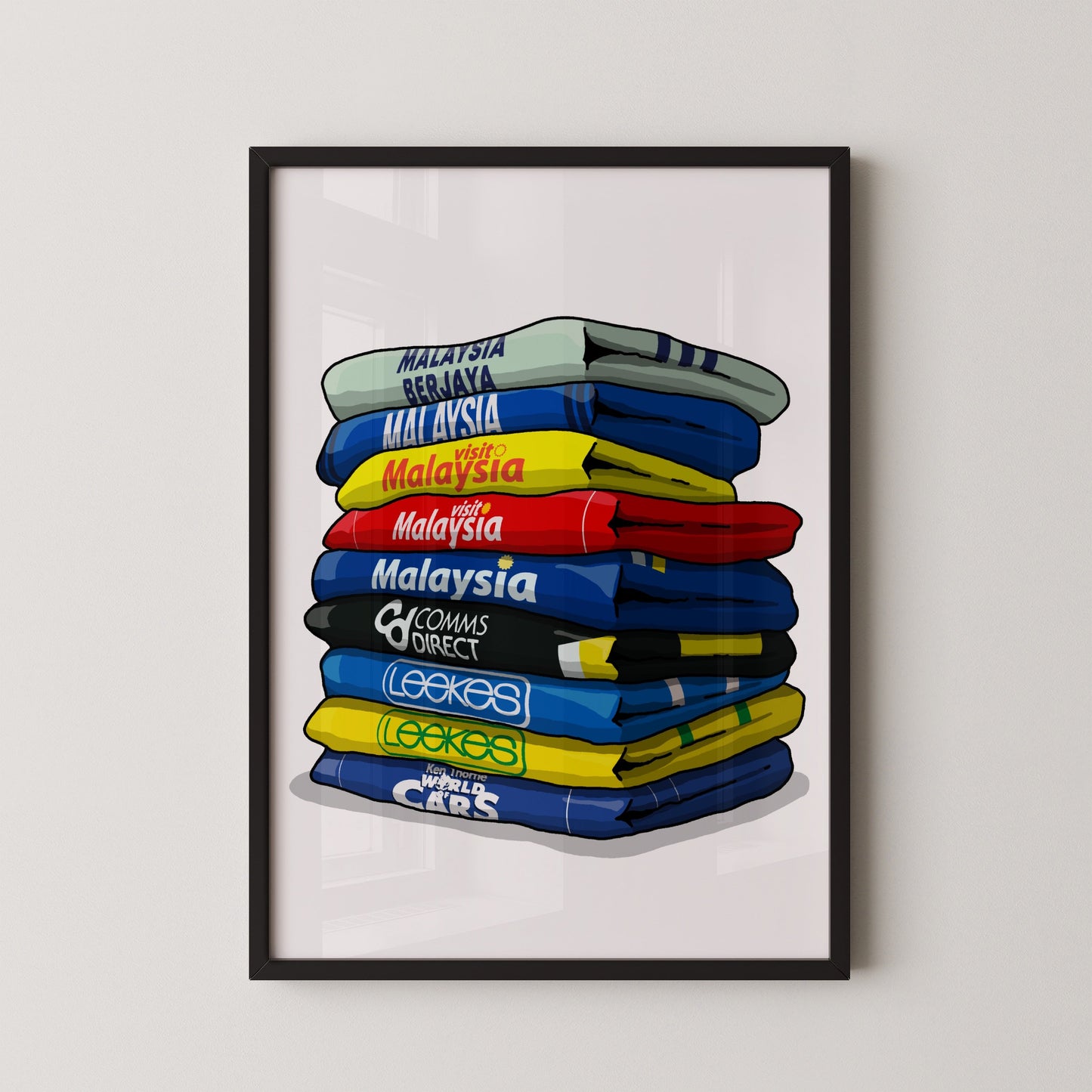 A framed illustration of a stack of colorful jerseys, each with a different country's name written on it.