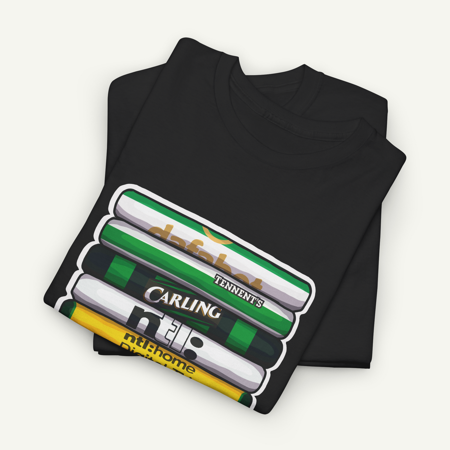 A black t-shirt with a graphic design depicting a stack of colorful books or magazines.
