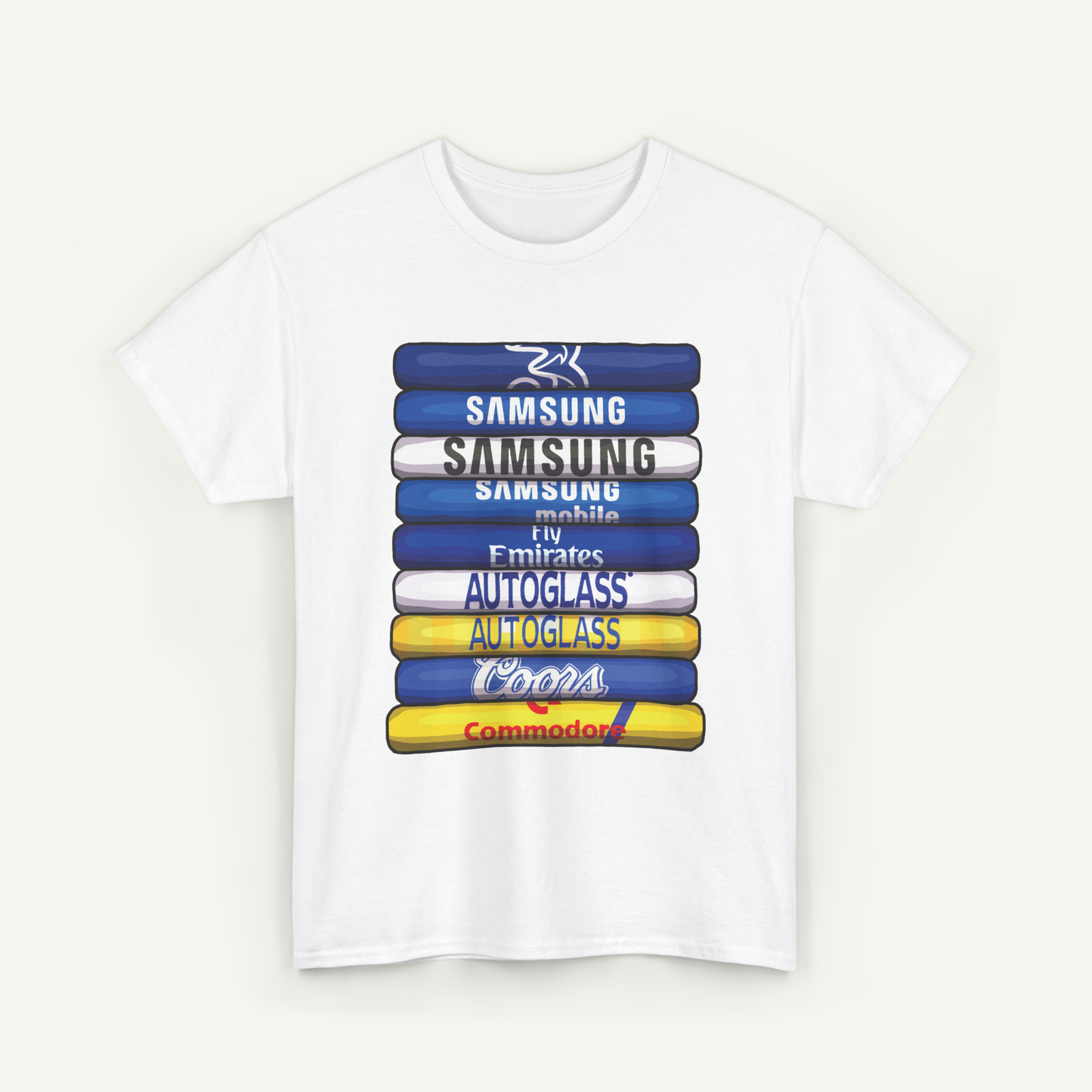 A white t-shirt with a graphic design featuring a series of stacked blue and yellow bars, each representing a different brand or company.