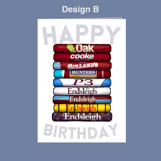 A birthday card with a stack of colorful books, each representing a different brand or company, such as Oak Cooke, Hollands, Hunters, Endsleigh, and Endsleigh.