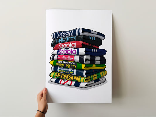 A hand is holding a poster with a stack of colorful towels, each with a different text label.