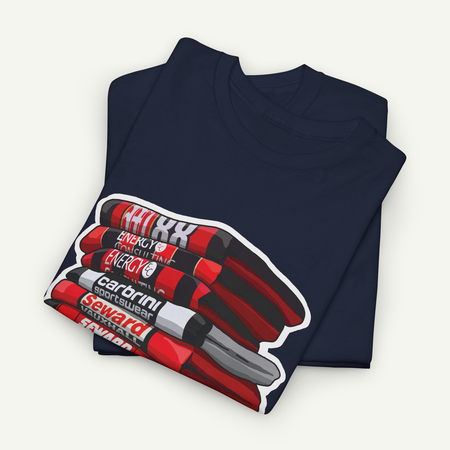 A navy blue t-shirt with a graphic design depicting a stack of red and black markers or pens.