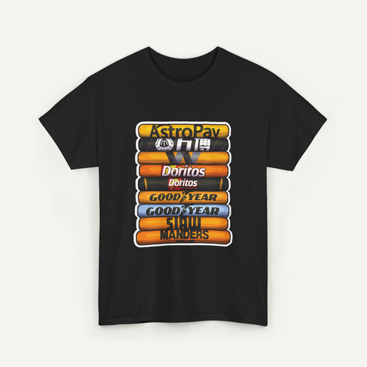 A black t-shirt with a graphic design featuring a stack of seven different snack products, including AstroPav, Doritos, Doritos, Goodyear, SIU MANDERS, and Goodyear.