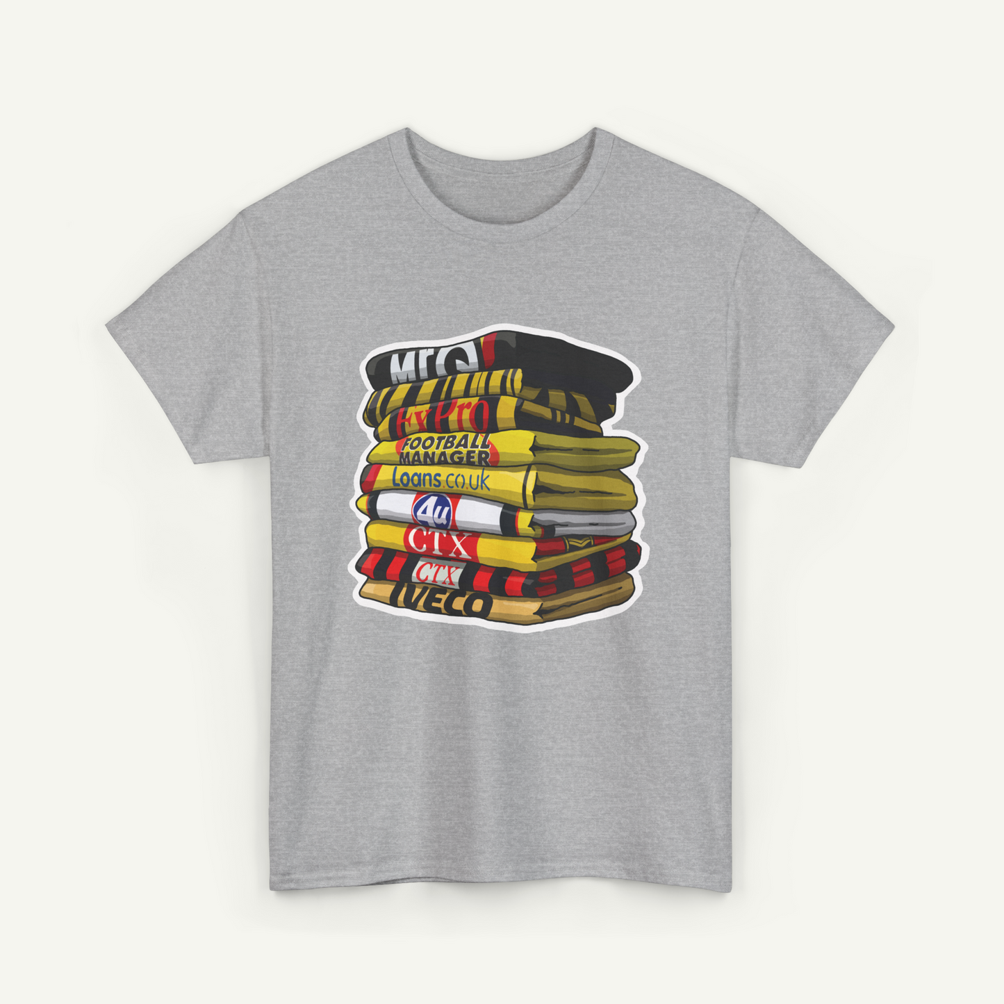 A gray t-shirt with a graphic design depicting a stack of colorful books or magazines.