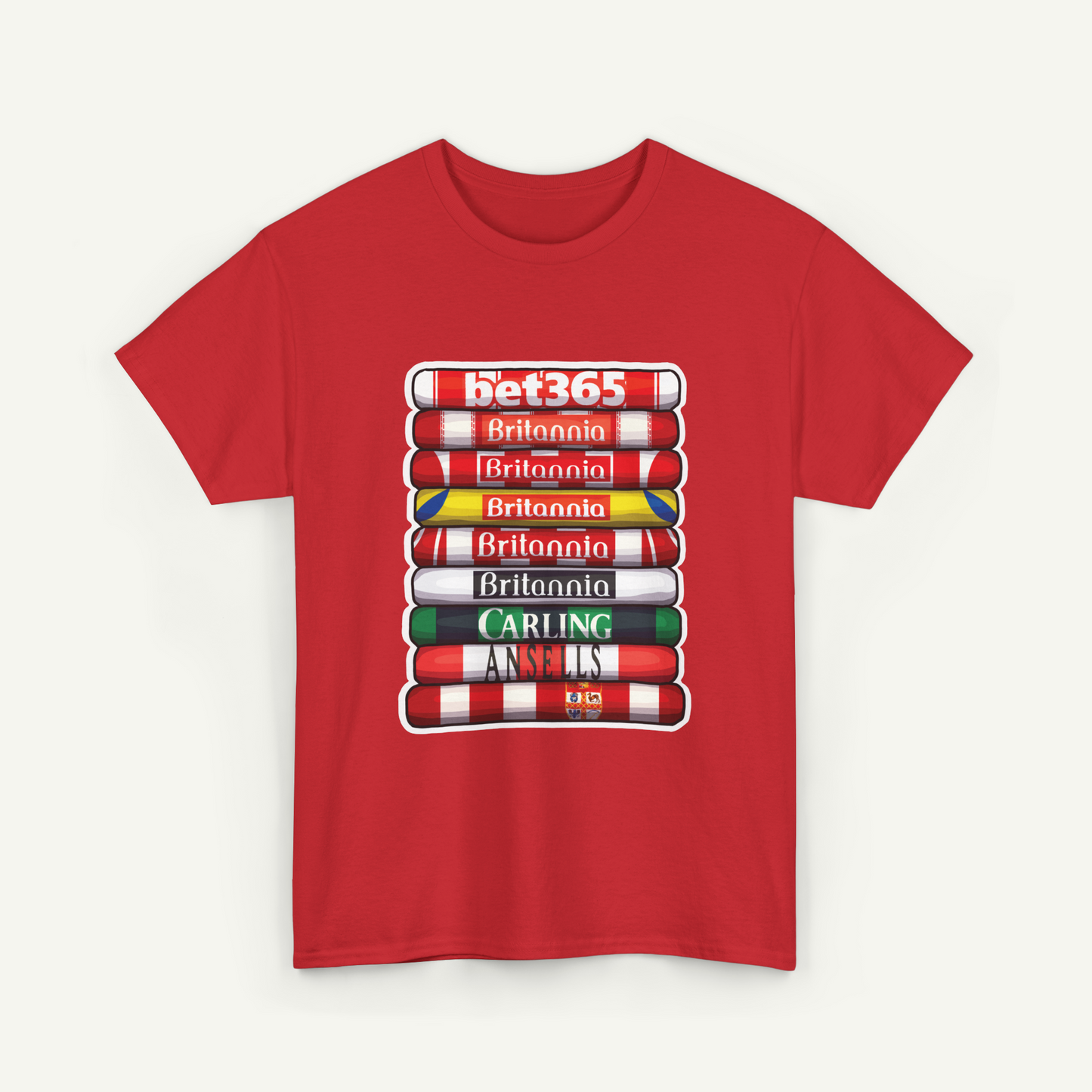 A red t-shirt with a graphic design depicting a stack of colored tubes, each representing a different country or team.