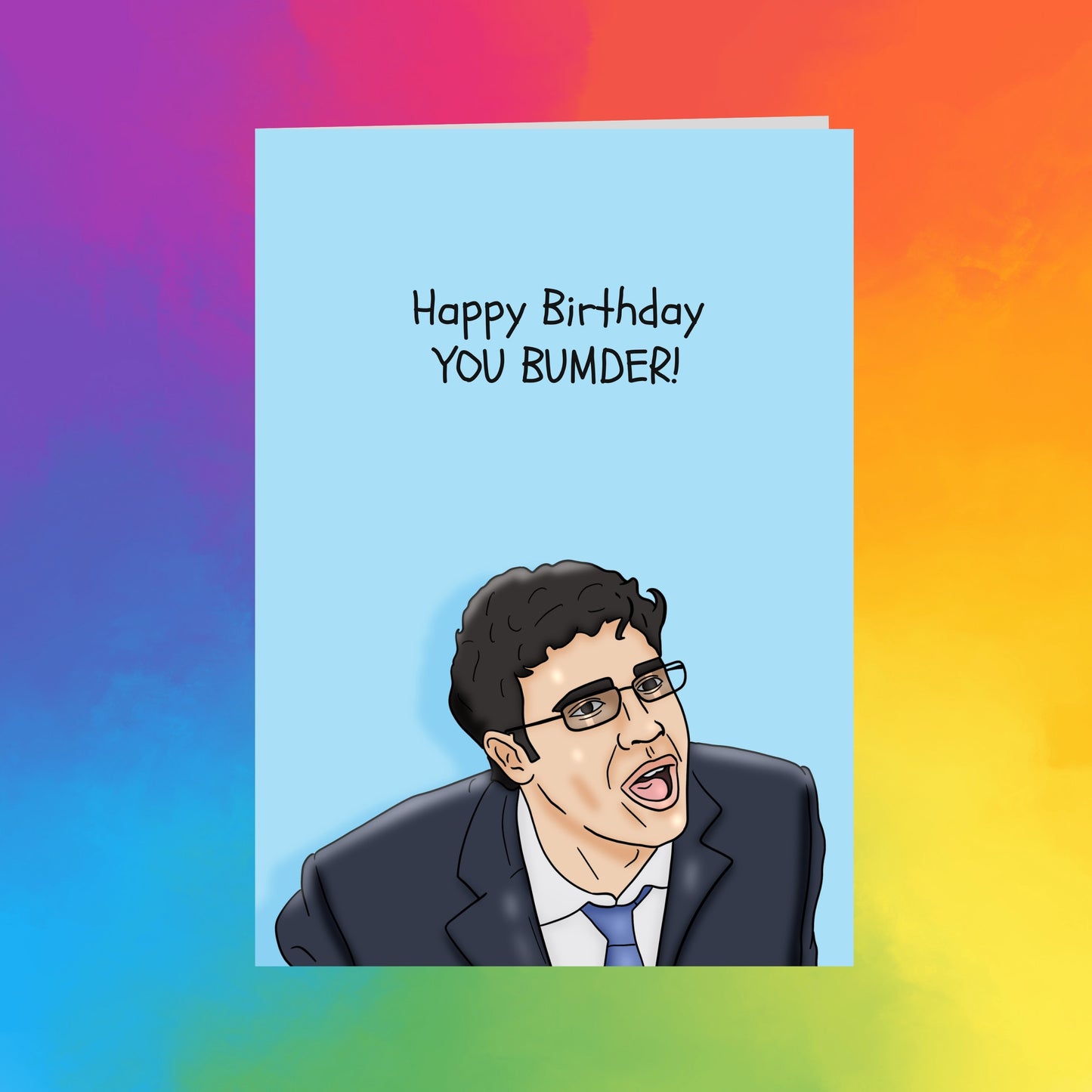 a cartoon illustration of a man wearing glasses and a suit, with the text "Happy Birthday You BUMDER!" displayed above him.