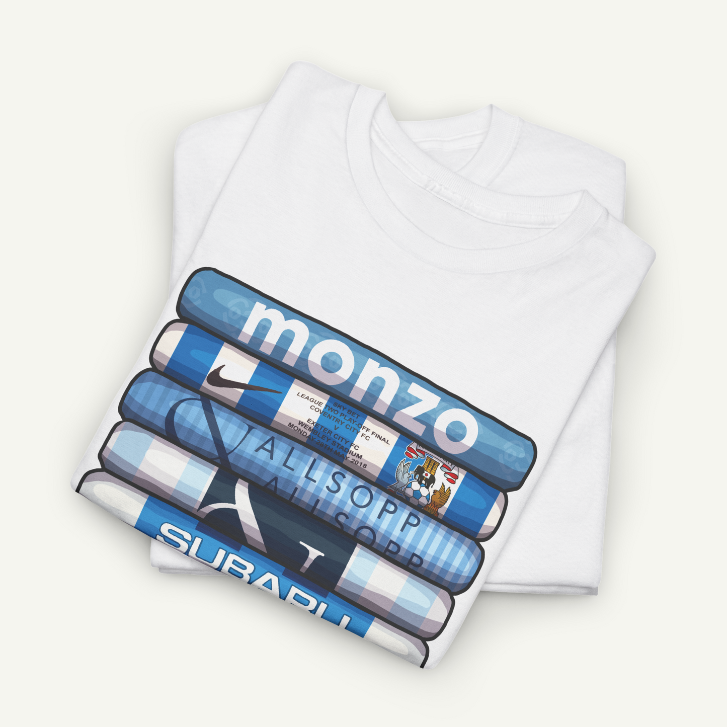 A white t-shirt with a graphic design featuring a stack of blue and white striped tubes, with the word "MONZO" prominently displayed on the side of the tubes.