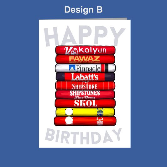 A birthday card with a stack of colorful books, each representing a different brand or company, such as Vaaiyun, FAWAZ, Pinnacle, Labatt's, Shipstone, Skol, and others. The card has a blue background and the text "Happy Birthday" written in the center.