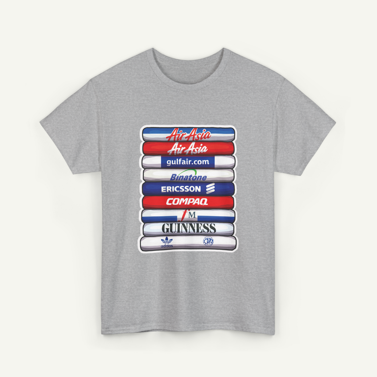 A gray t-shirt with a graphic design featuring a stack of colorful bars with various logos and text on them.