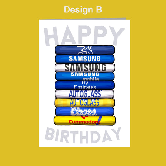 A birthday card with a stack of colorful tubes containing various brand logos, including Samsung, Coors, and Emirates.