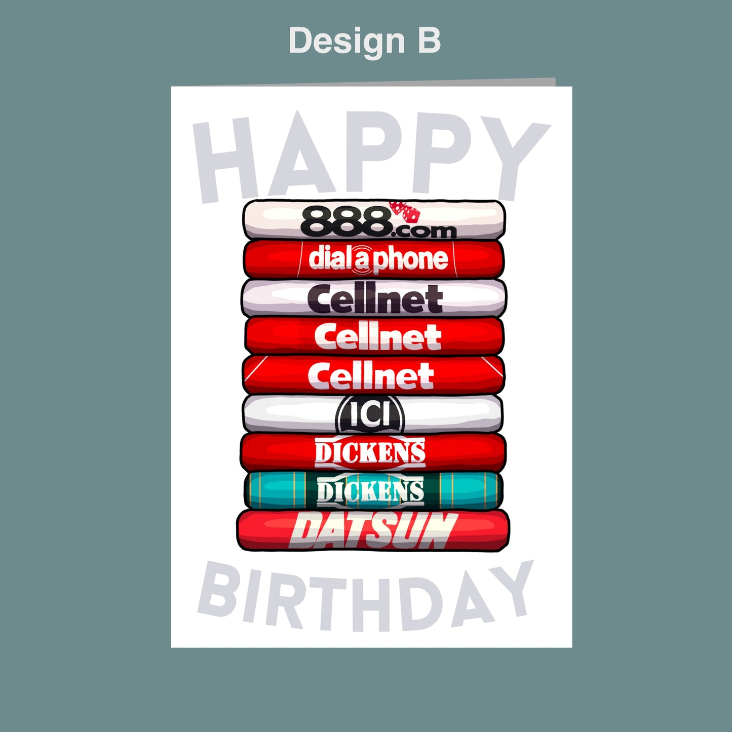 The image is a birthday card with a stack of colorful books, each representing a different company or brand. The text on the books reads "88.com diala phone", "Cellnet", "Cellnet", "ICI", "DICKENS", "DATSU", and "DATSU". The text "Happy Birthday" is displayed at the bottom of the image.