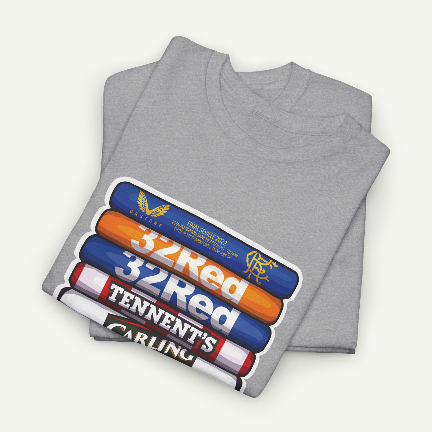 A gray t-shirt with a graphic design featuring a stack of colorful tubes or bottles, each labeled with a different word or phrase.