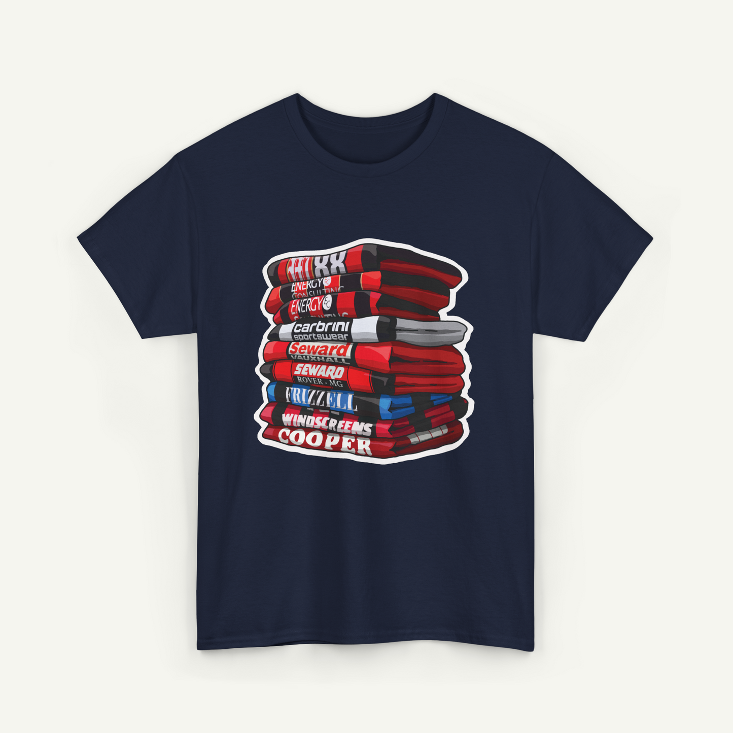 A navy blue t-shirt with a graphic design depicting a stack of books with various titles and authors' names.