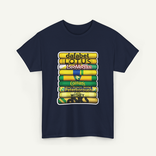 A navy blue t-shirt with a graphic design featuring a stack of colorful books or book-like objects, each with a different title written on it.