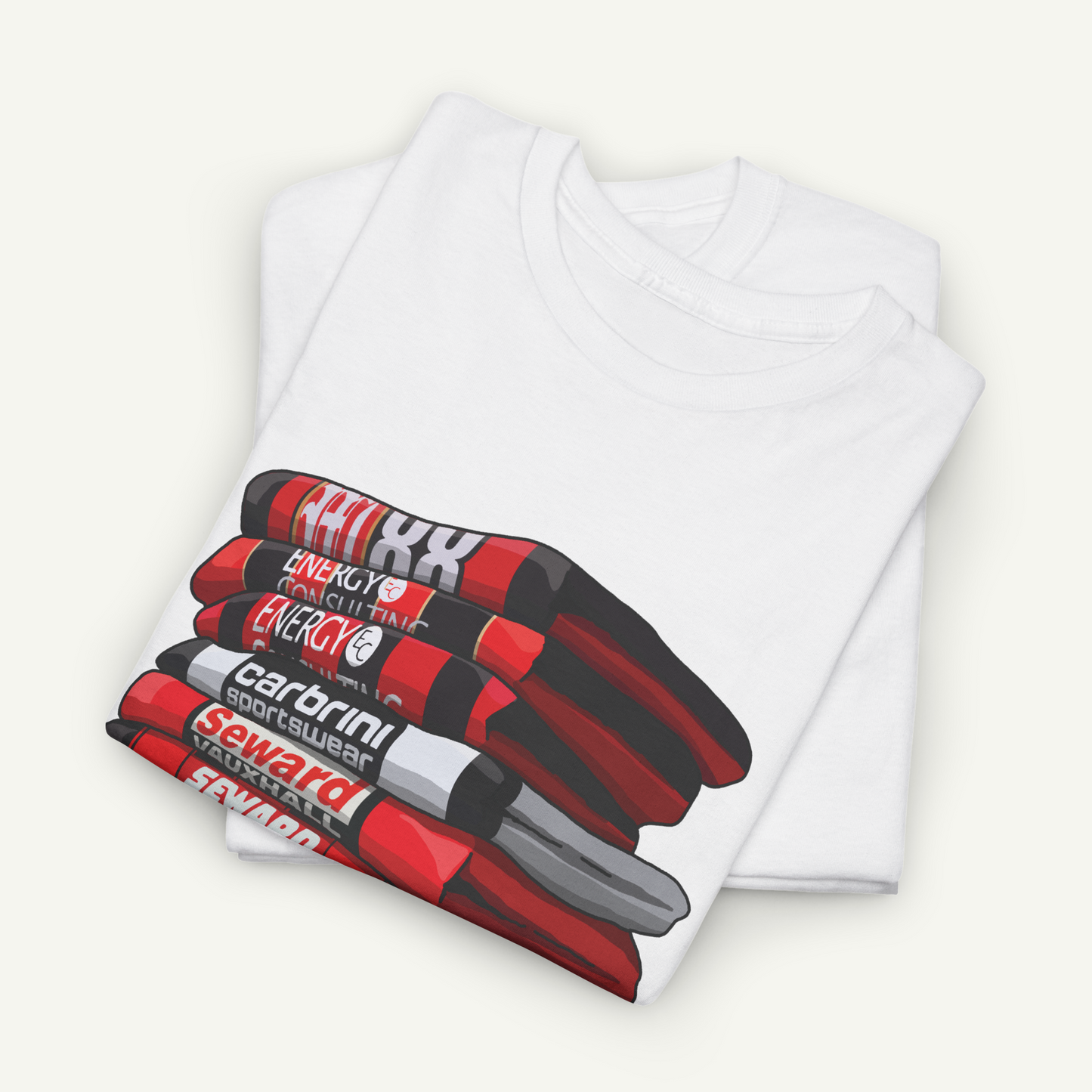 A white t-shirt with a graphic design depicting a stack of red and black markers.