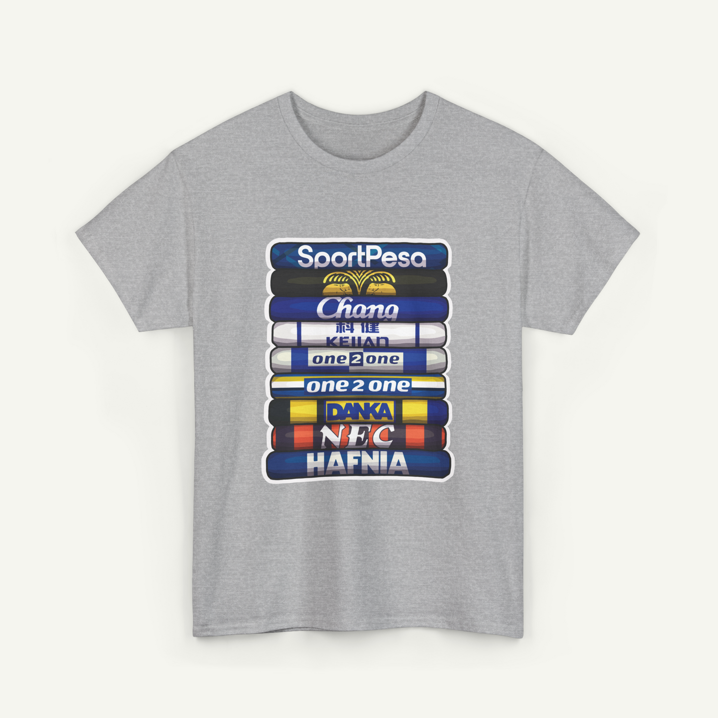 A gray t-shirt with a graphic design featuring a stack of colorful tubes or bottles with text on them.