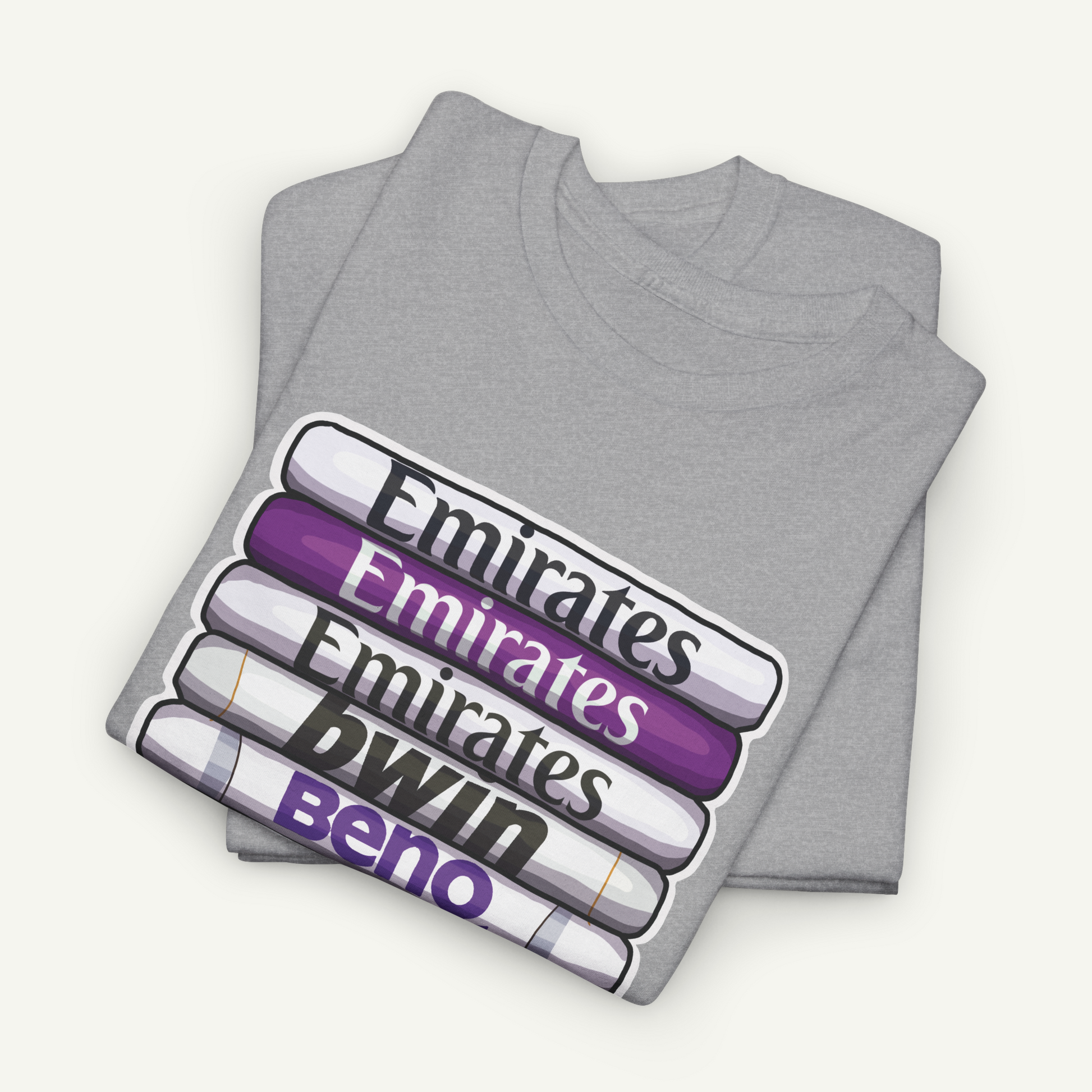 A gray t-shirt with a graphic design featuring the text "Emirates", "Emirates", "DWIN", and "BENO" in purple and white colors.