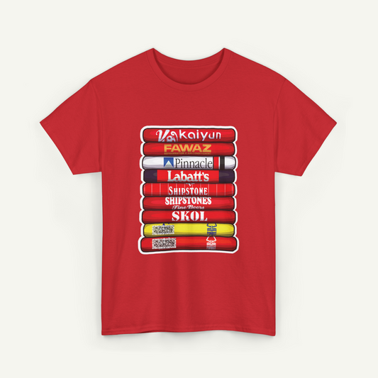 A red t-shirt with a graphic design depicting a stack of books with various text labels on the spines.