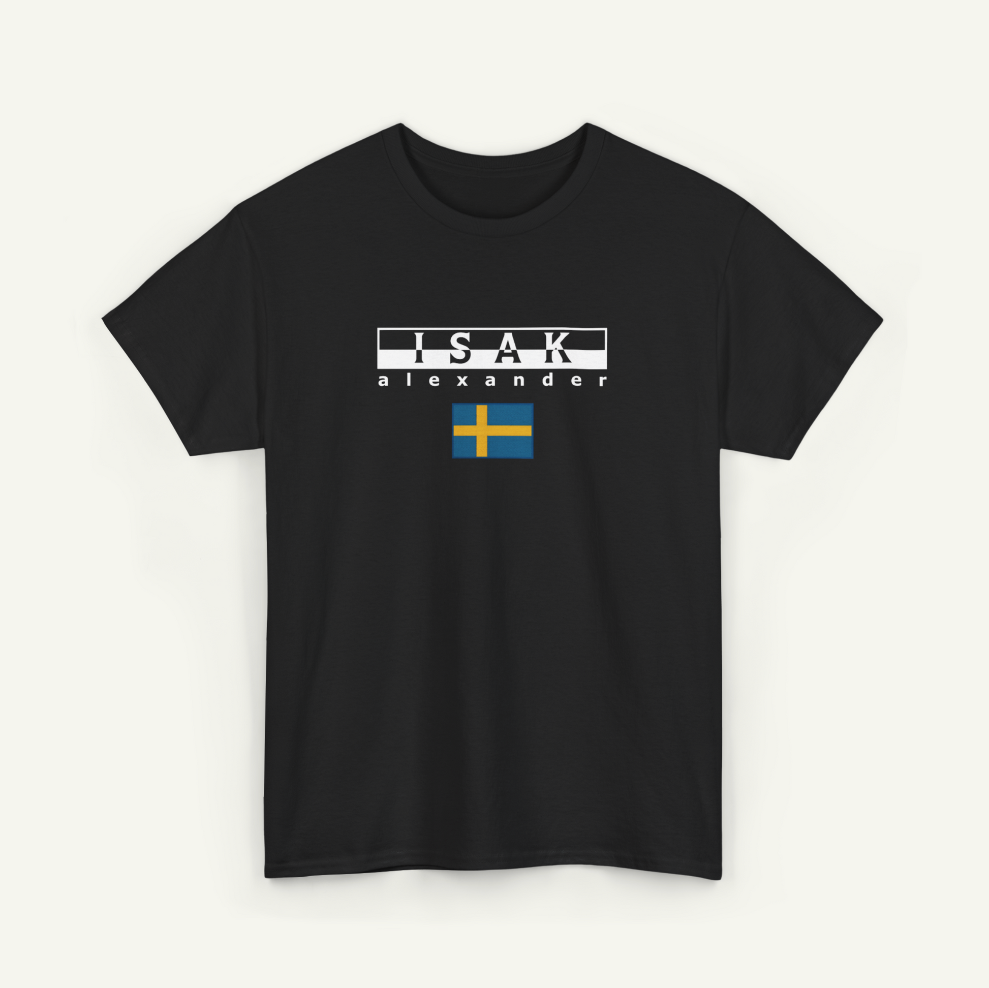 A black t-shirt with the text "ISAK Alexander" printed on it, along with a small flag of Sweden.