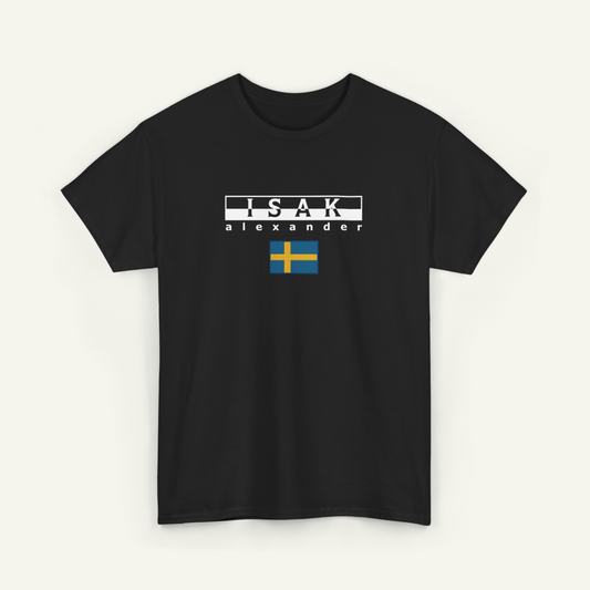 A black t-shirt with the text "ISAK Alexander" printed on it, along with a small flag of Sweden.