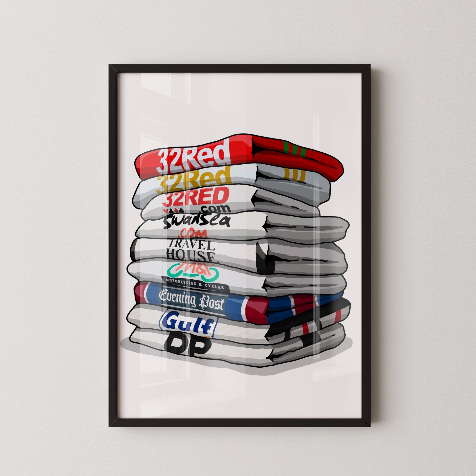 A framed illustration of a stack of various colored towels or blankets, with each towel or blanket displaying a different word or phrase.