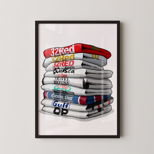 A framed illustration of a stack of various colored towels or blankets, with each towel or blanket displaying a different word or phrase.