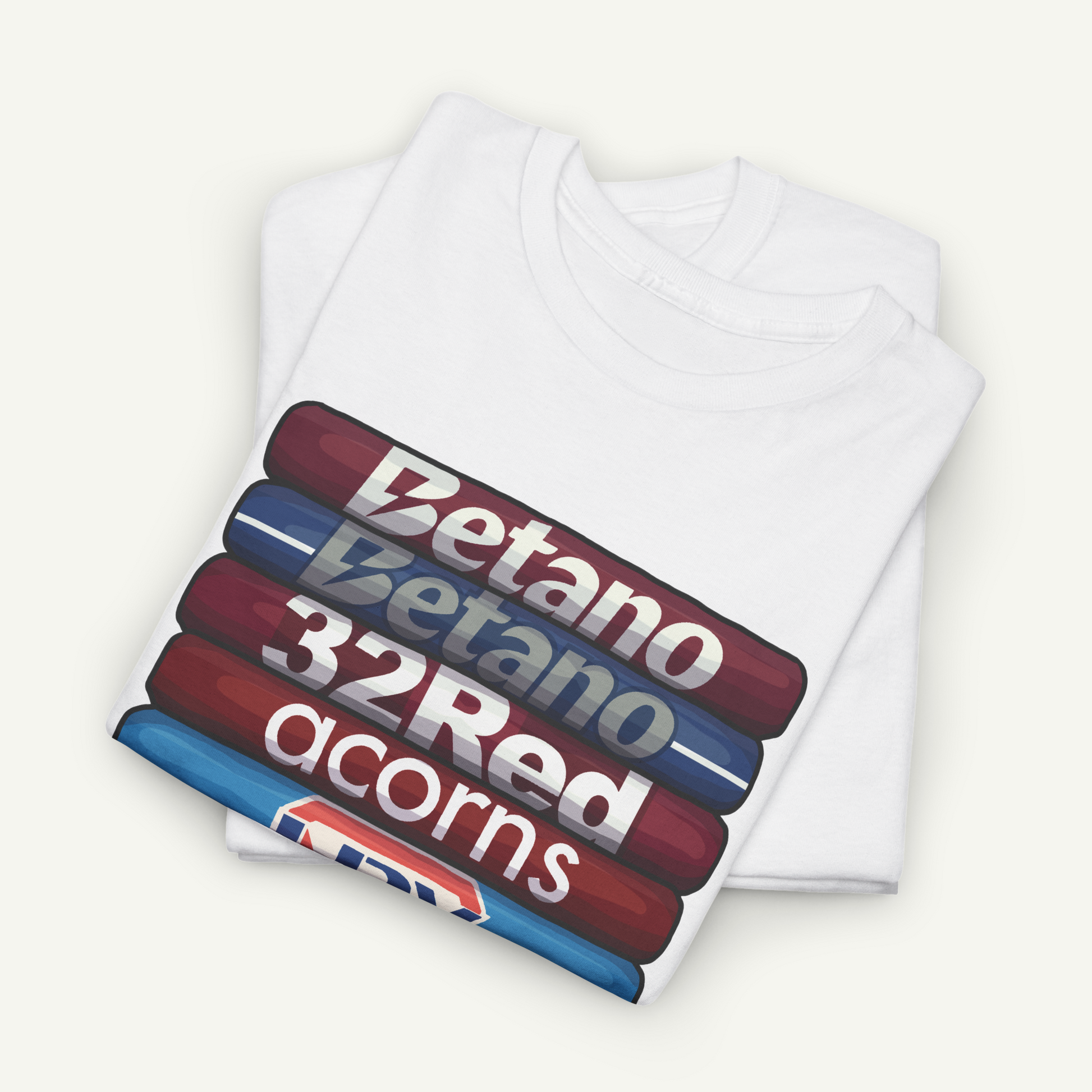 A white t-shirt with a graphic design featuring a stack of red and blue tubes with the text "Betano 32Red acorns" printed on them.